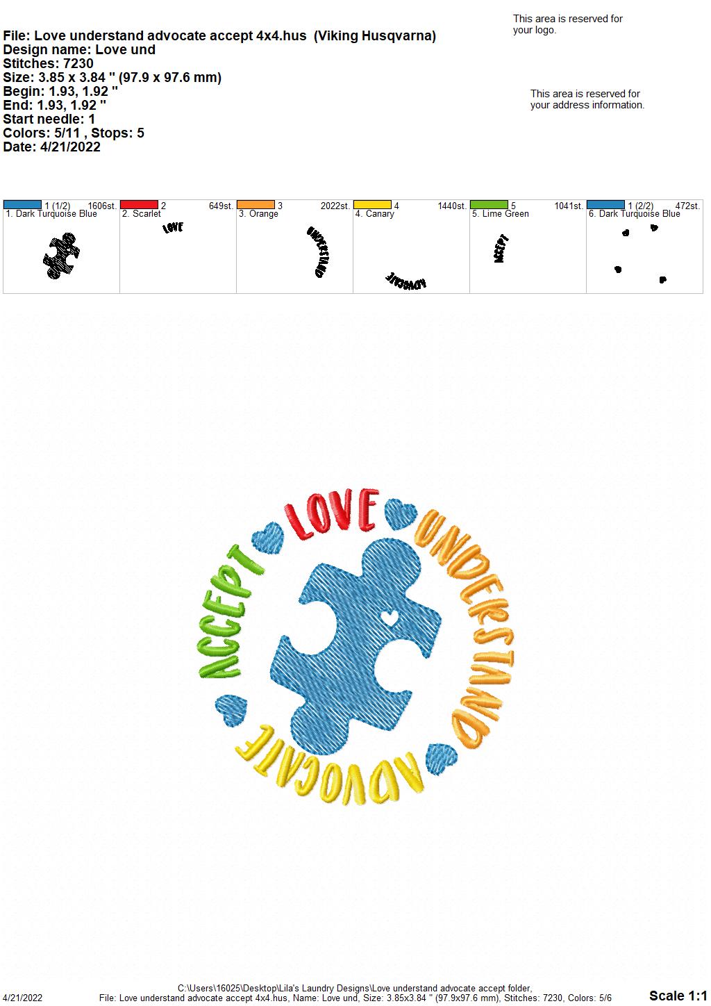 Love Understand Advocate Accept - 4 sizes- Digital Embroidery Design