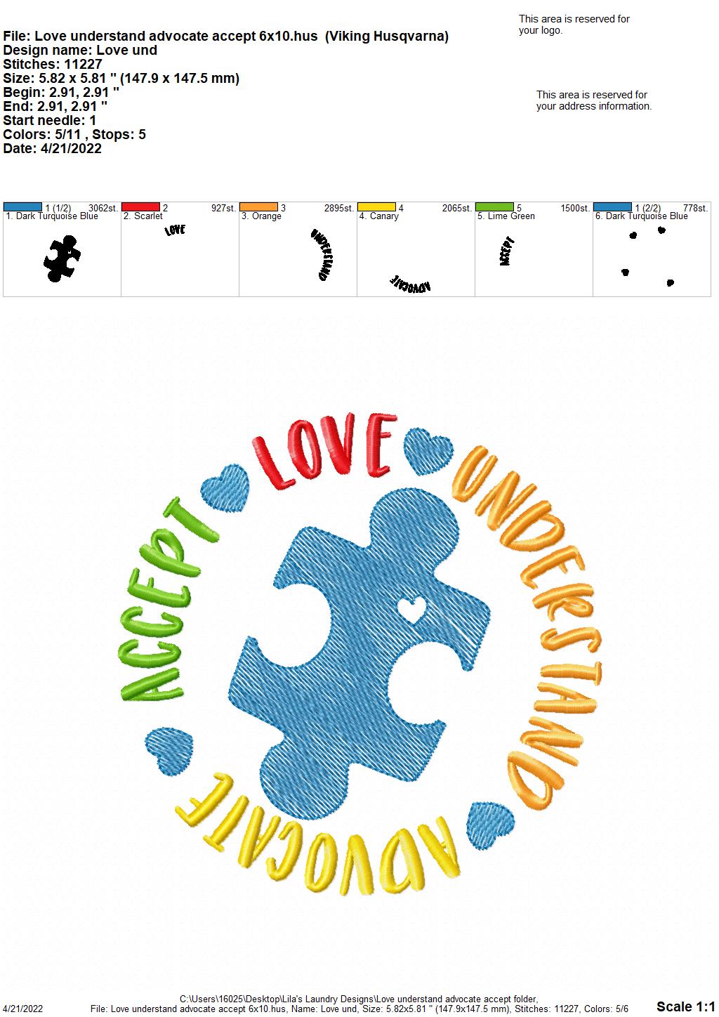 Love Understand Advocate Accept - 4 sizes- Digital Embroidery Design