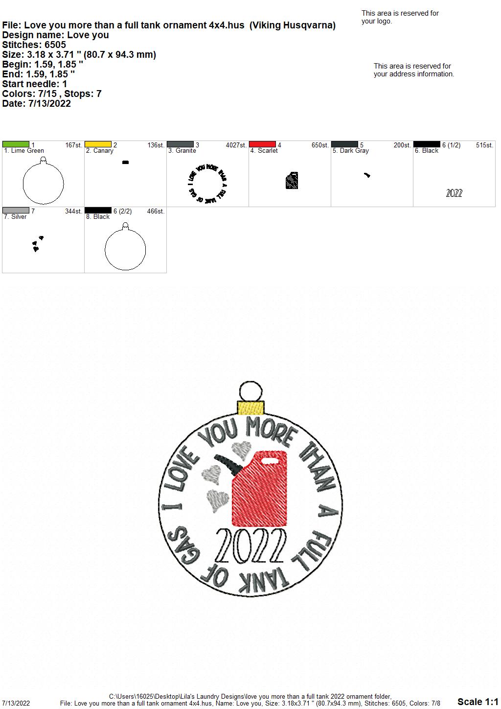 Love You More Than a Full Tank 2022 Ornament - Digital Embroidery Design
