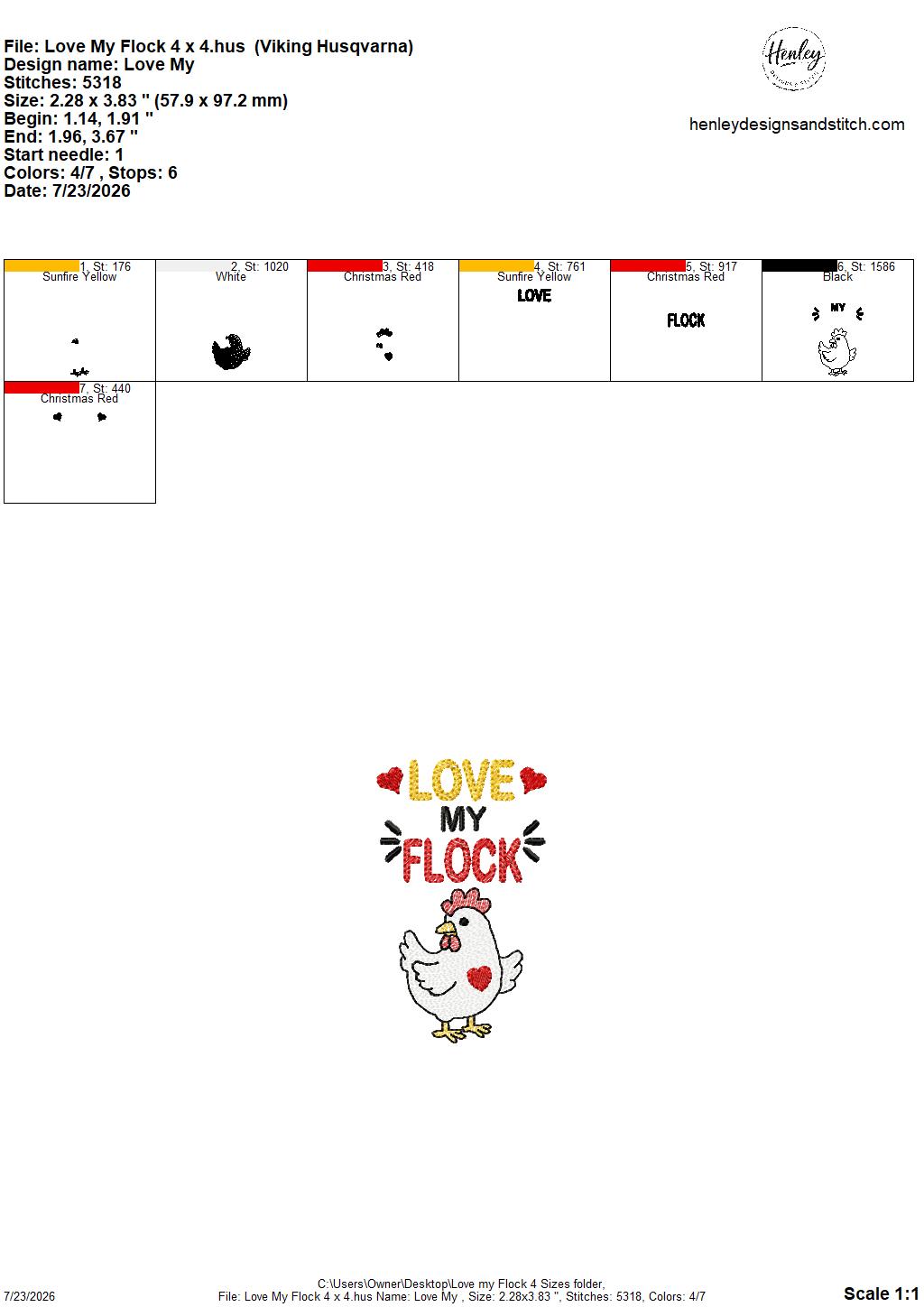 Sketch Fill Chicken – Love my Flock – 4 x 4, 5 x 7, 6 x 10 and 8 x 12 – DIGITAL Embroidery Design