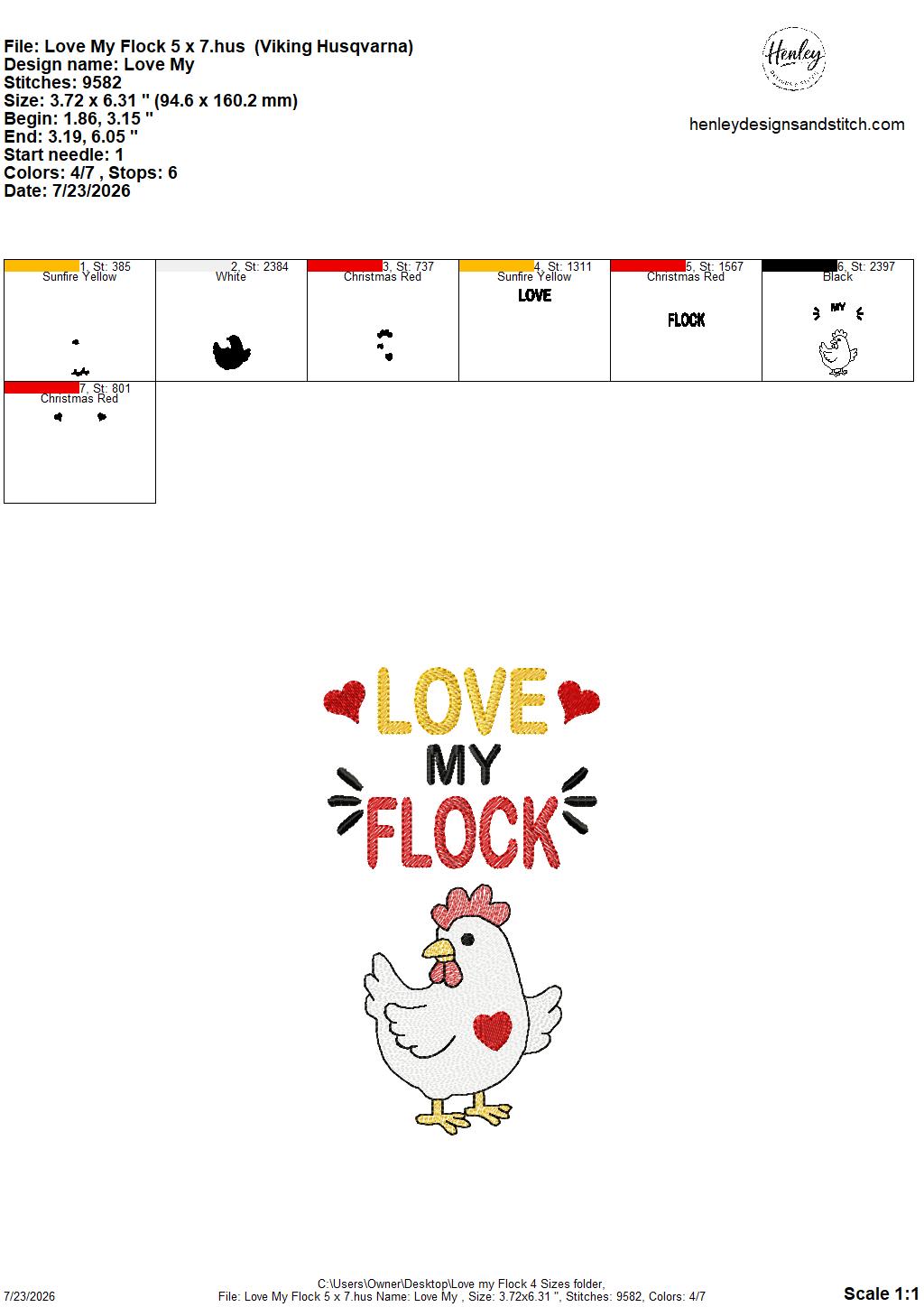 Sketch Fill Chicken – Love my Flock – 4 x 4, 5 x 7, 6 x 10 and 8 x 12 – DIGITAL Embroidery Design