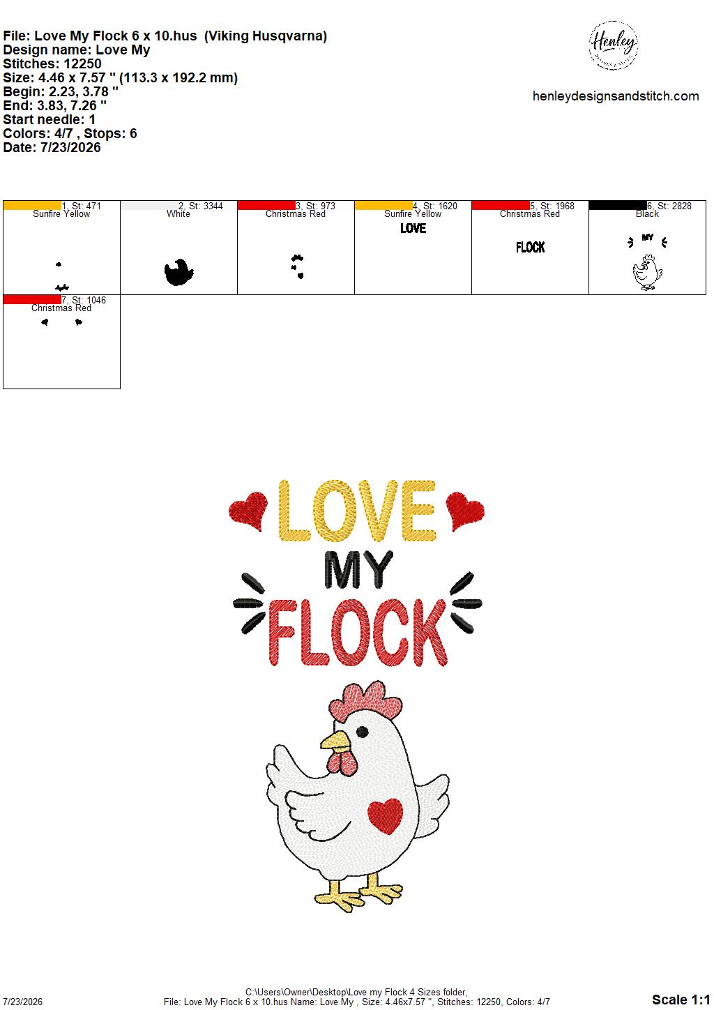 Sketch Fill Chicken – Love my Flock – 4 x 4, 5 x 7, 6 x 10 and 8 x 12 – DIGITAL Embroidery Design