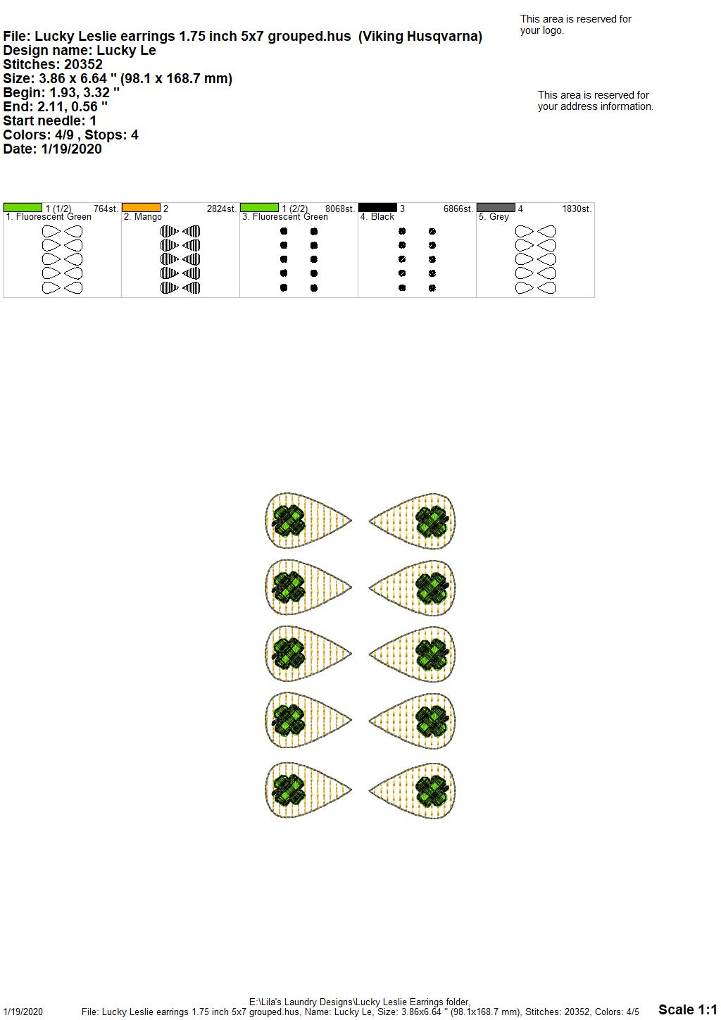 Lucky Leslie Earrings - 3 sizes - Digital Embroidery Design