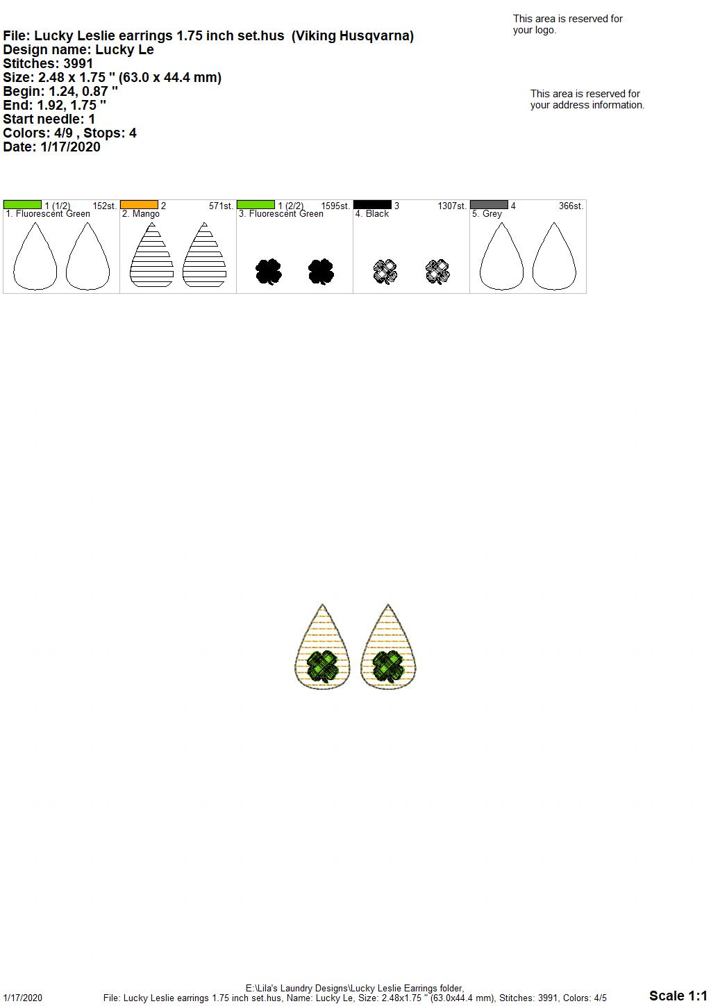 Lucky Leslie Earrings - 3 sizes - Digital Embroidery Design