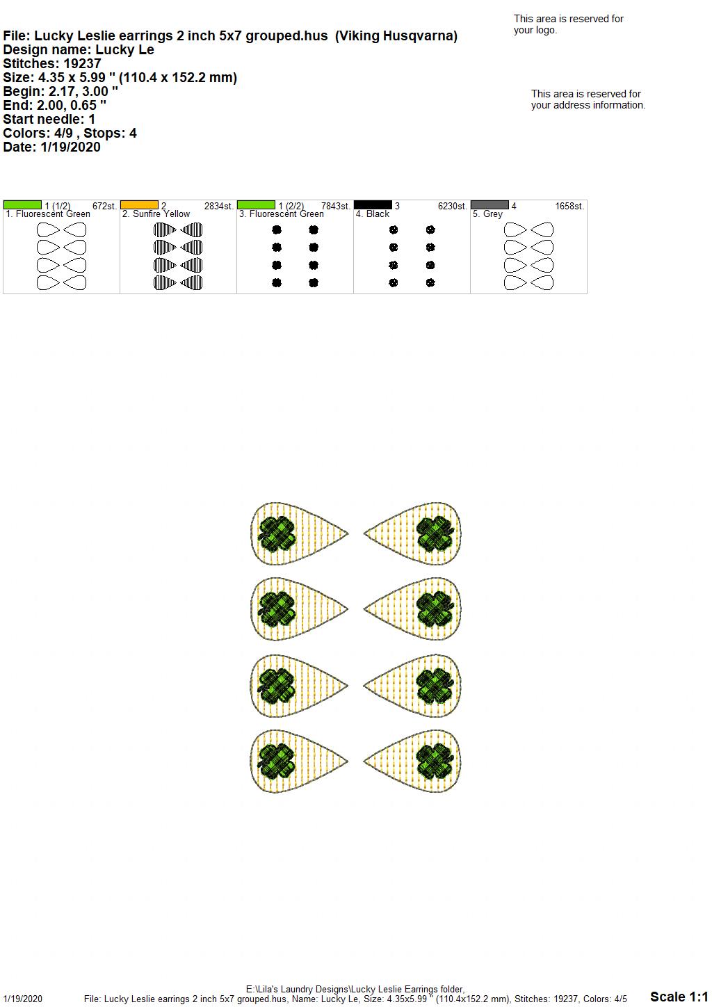Lucky Leslie Earrings - 3 sizes - Digital Embroidery Design