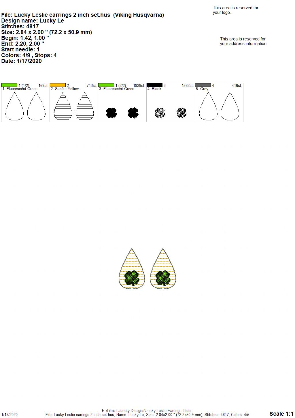 Lucky Leslie Earrings - 3 sizes - Digital Embroidery Design