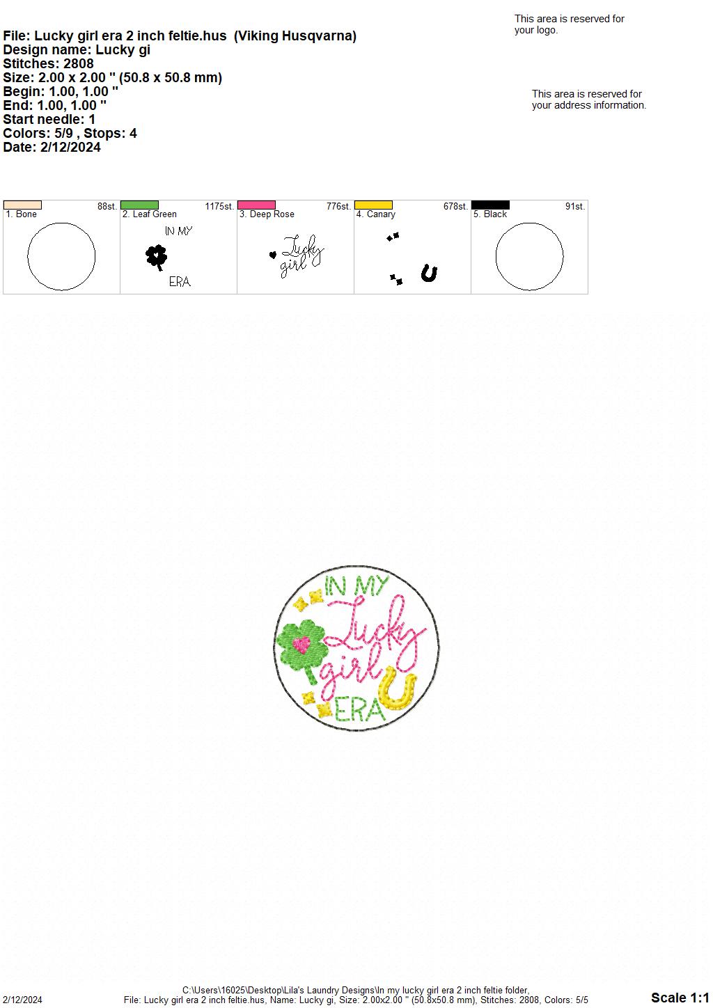 In My Lucky Girl Era 2 Inch Feltie - Digital Embroidery Design