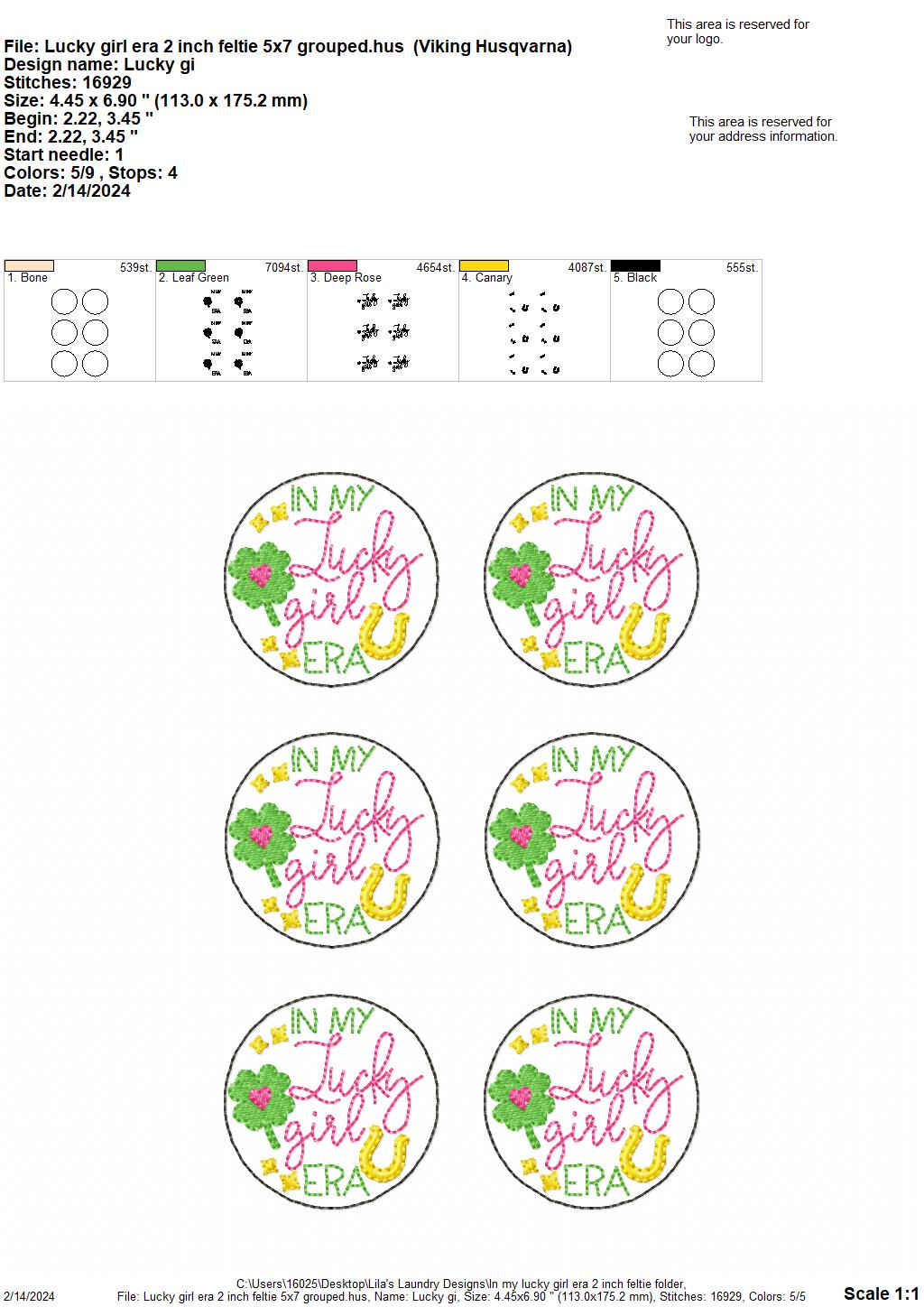 In My Lucky Girl Era 2 Inch Feltie - Digital Embroidery Design