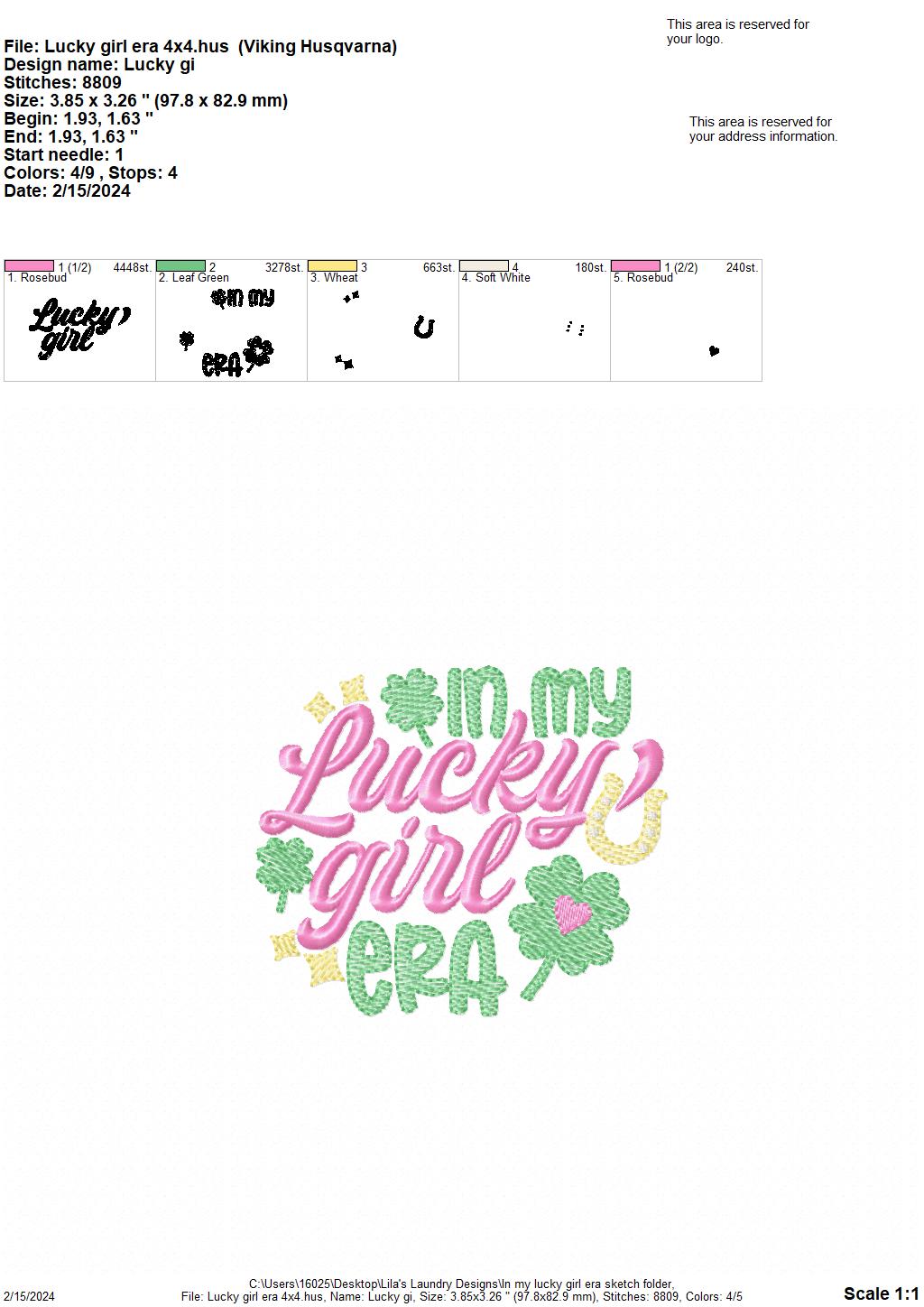 In My Lucky Girl Era Sketch - 3 Sizes - Digital Embroidery Design