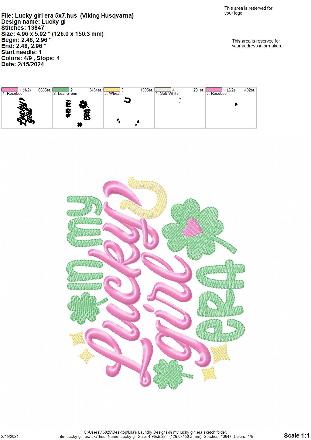 In My Lucky Girl Era Sketch - 3 Sizes - Digital Embroidery Design