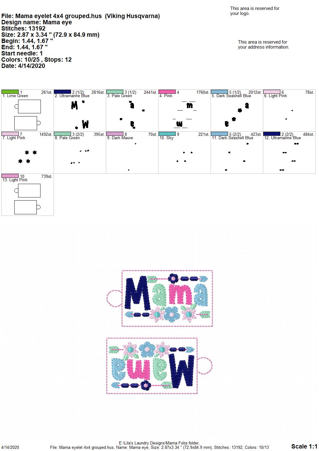 Mama Tab and eyelet Fobs - DIGITAL Embroidery DESIGN
