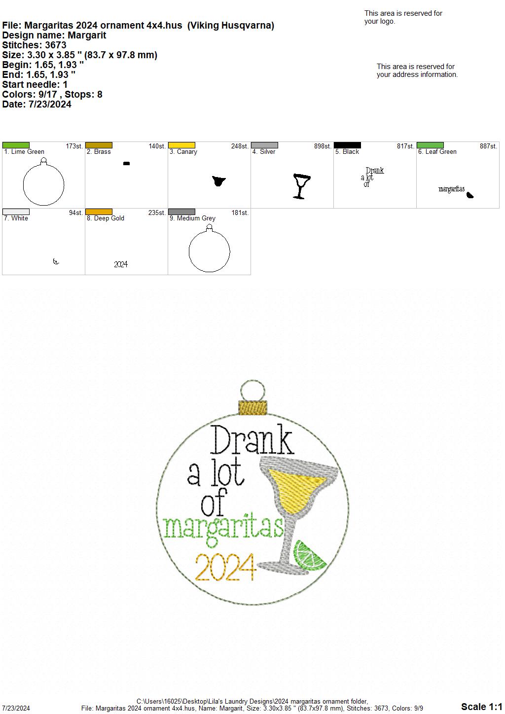 Margaritas 2024 Ornament - Digital Embroidery Design