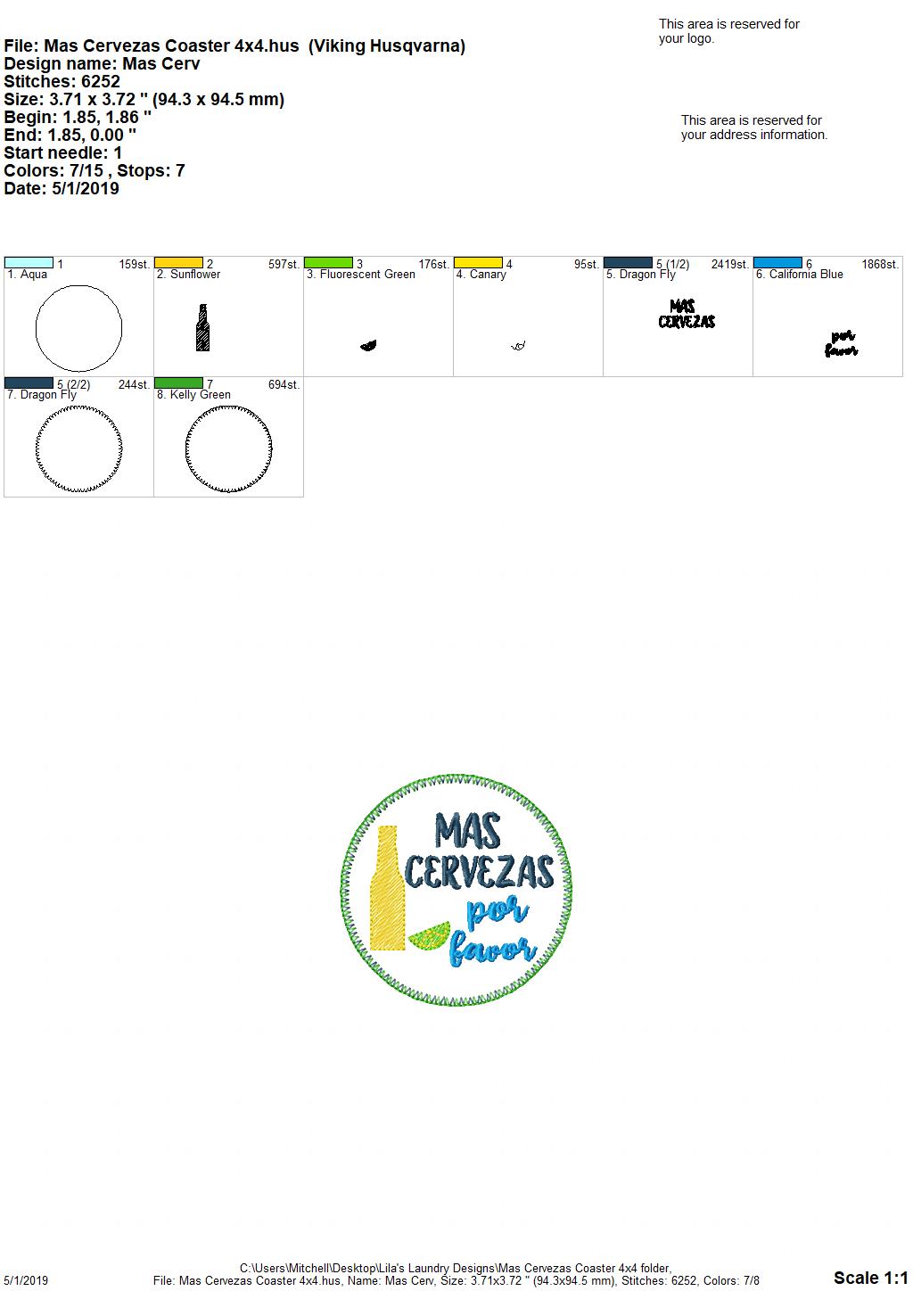 Mas Cervezas Por Favor Coaster 4x4 - DIGITAL Embroidery DESIGN