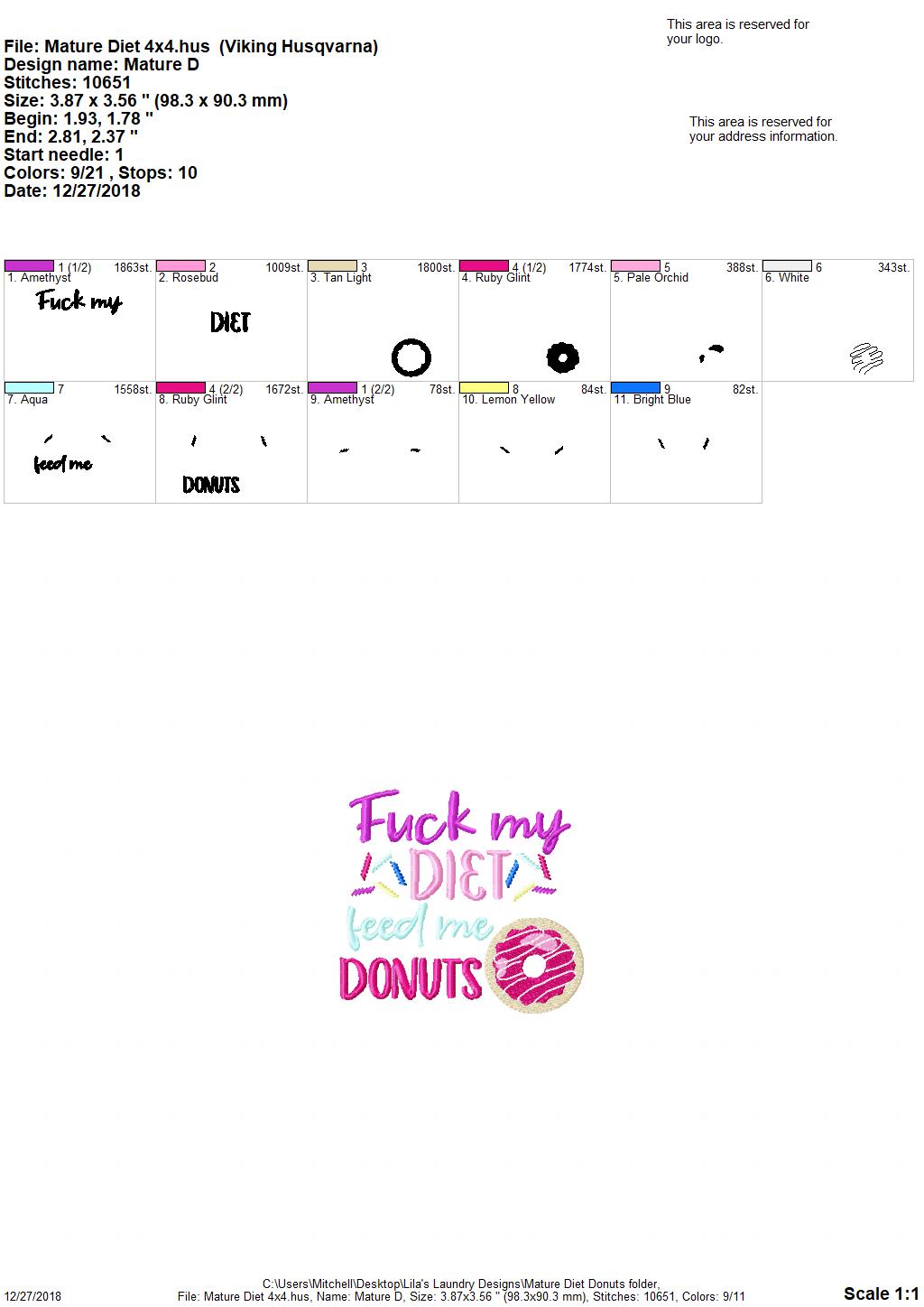 Mature Diet Feed Me Donuts - Embroidery Design - DIGITAL Embroidery DESIGN