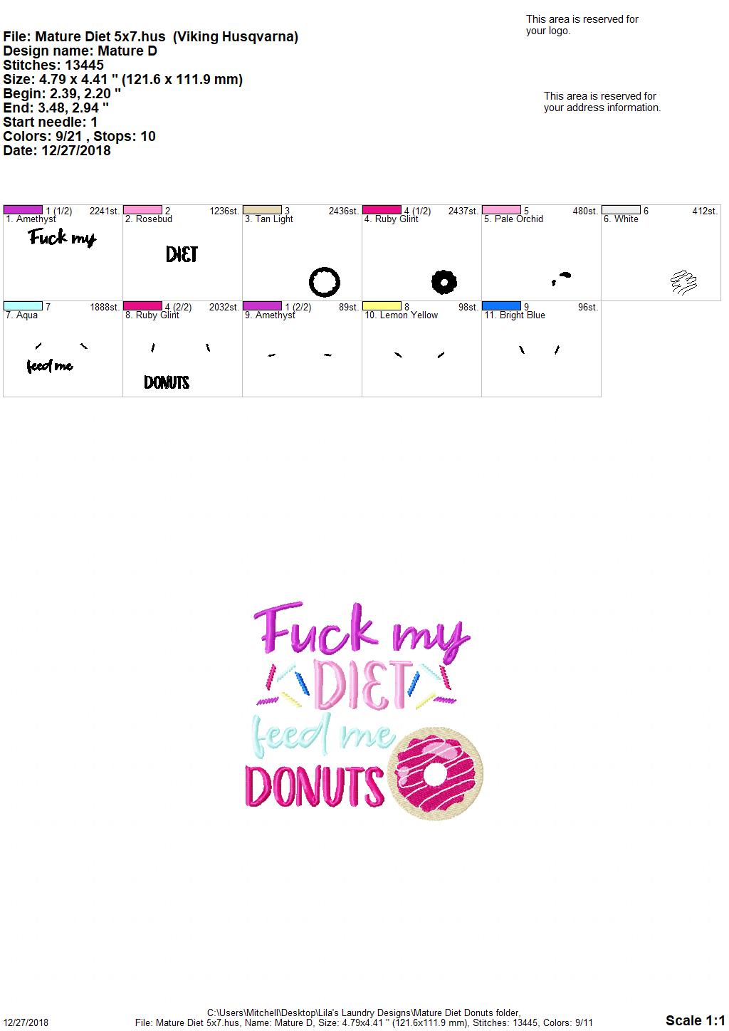 Mature Diet Feed Me Donuts - Embroidery Design - DIGITAL Embroidery DESIGN