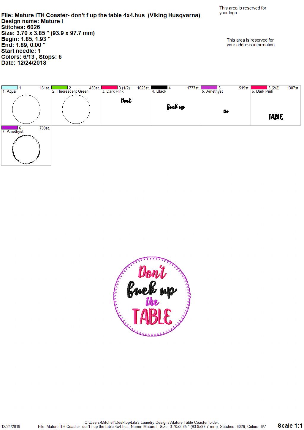 Mature Don't Mess Up the Table Coaster 4x4 - Embroidery Design - DIGITAL Embroidery DESIGN