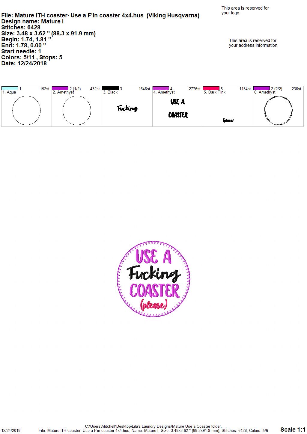 Mature Use A Coaster 4x4 - Embroidery Design - DIGITAL Embroidery DESIGN