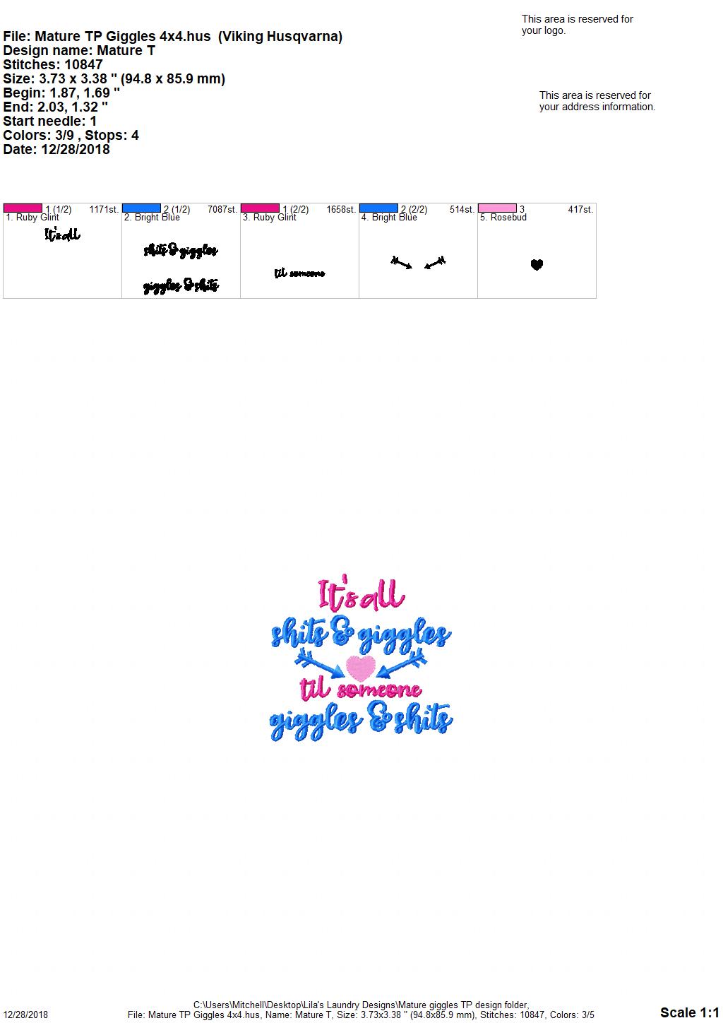 Mature Giggles TP 4x4-Embroidery Design - DIGITAL Embroidery DESIGN