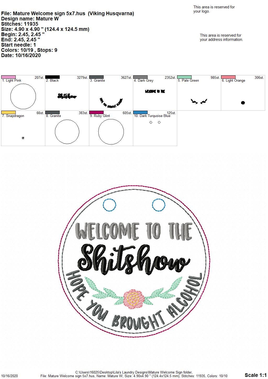 Mature Welcome Door Hanger - 3 sizes - Digital Embroidery Design