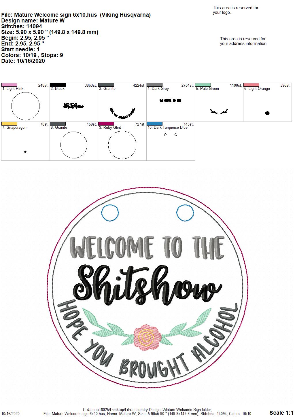 Mature Welcome Door Hanger - 3 sizes - Digital Embroidery Design
