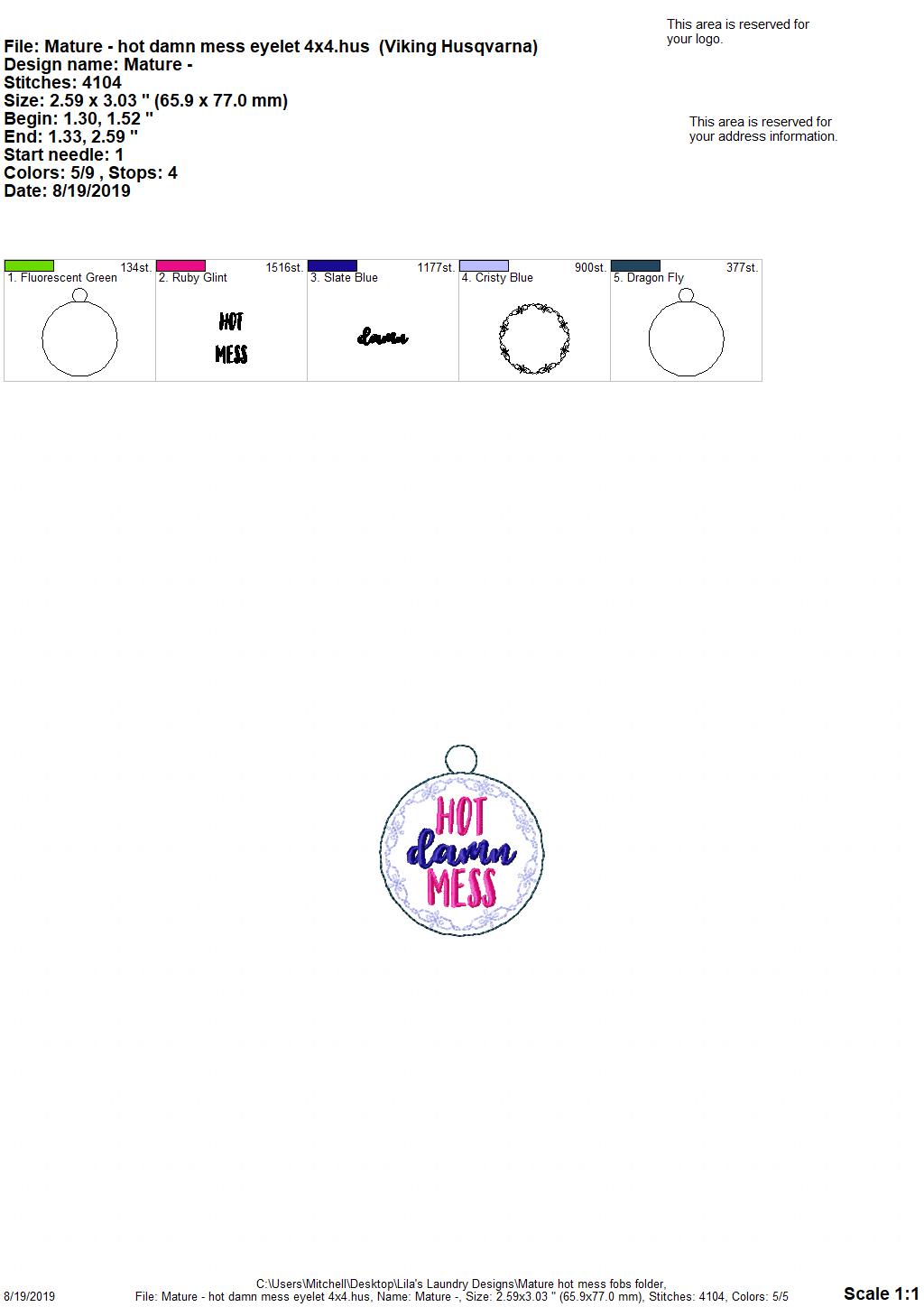Mature Hot Mess Fobs - DIGITAL Embroidery DESIGN
