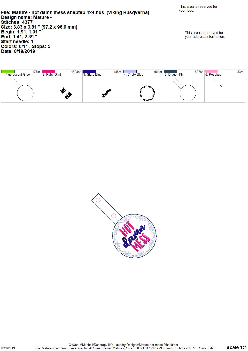 Mature Hot Mess Fobs - DIGITAL Embroidery DESIGN