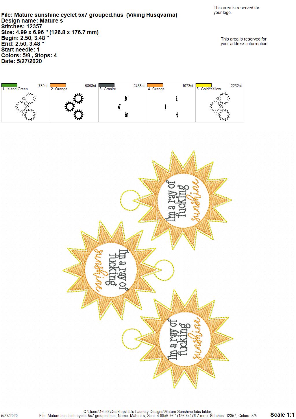 Mature Sunshine Fobs - DIGITAL Embroidery DESIGN