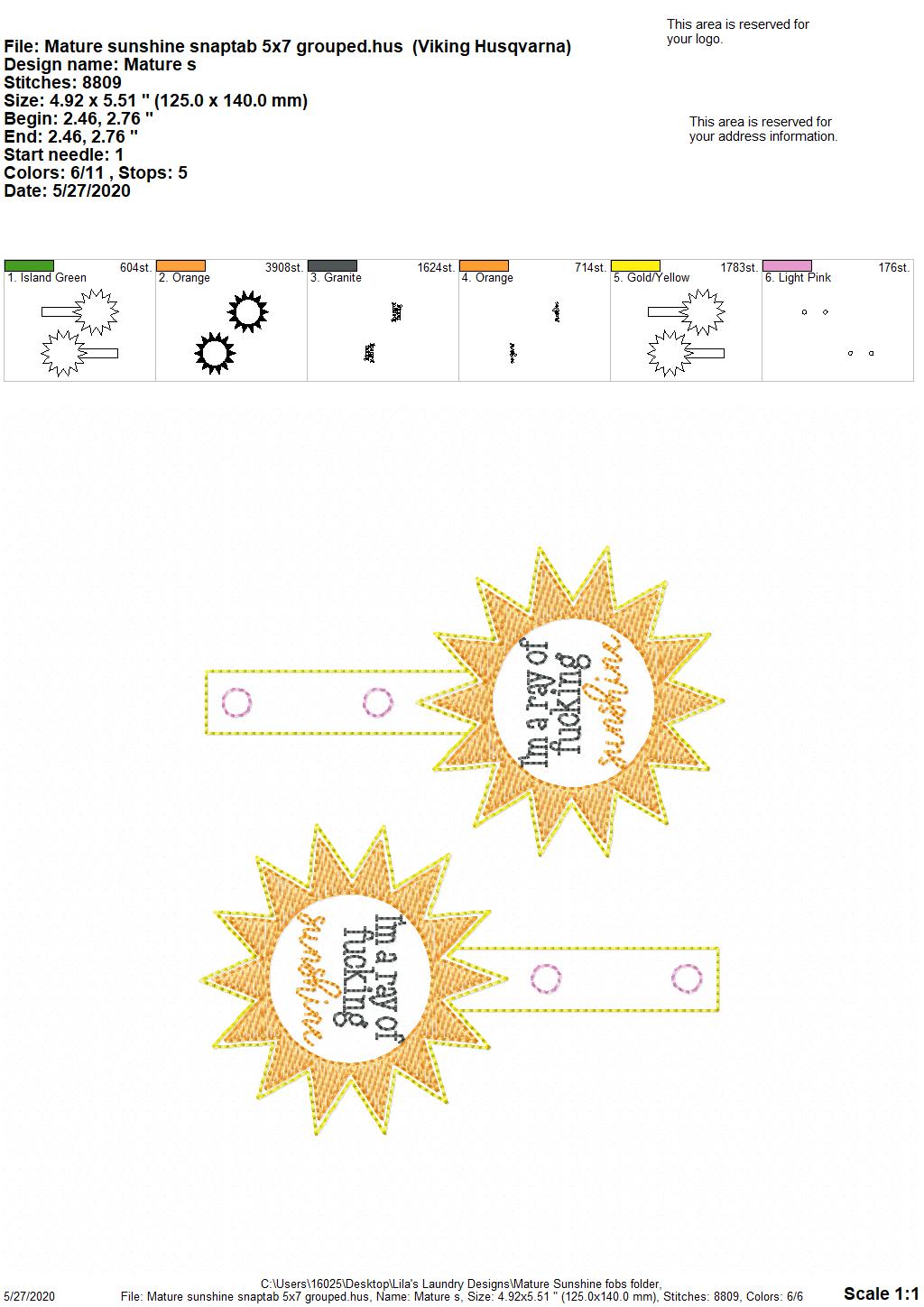 Mature Sunshine Fobs - DIGITAL Embroidery DESIGN