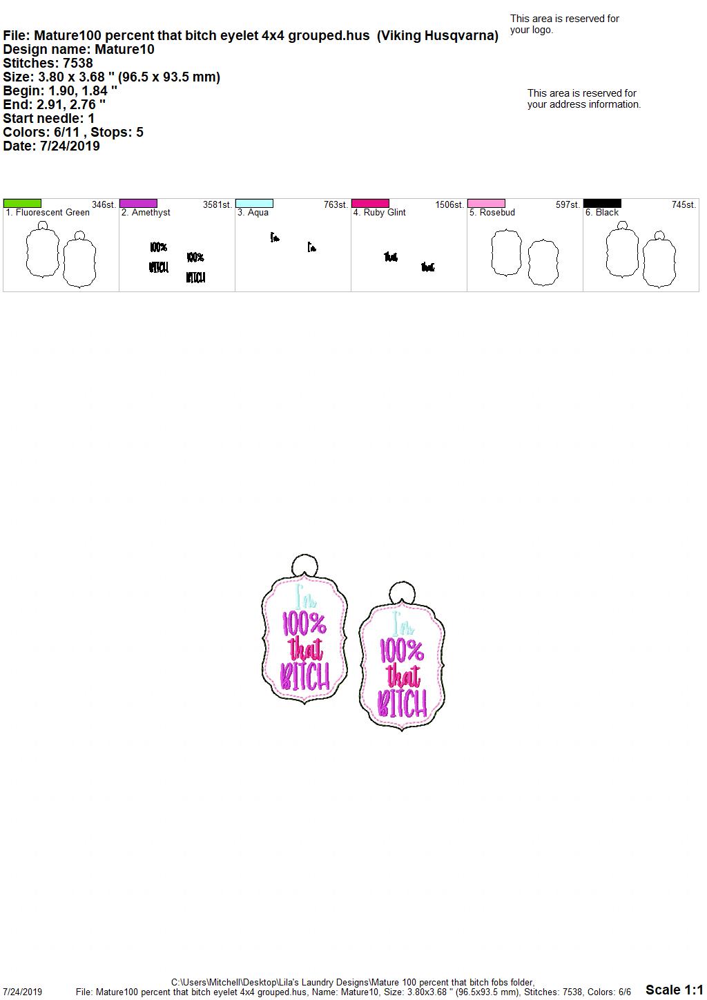 Mature 100 Percent Fobs -DIGITAL Embroidery DESIGN