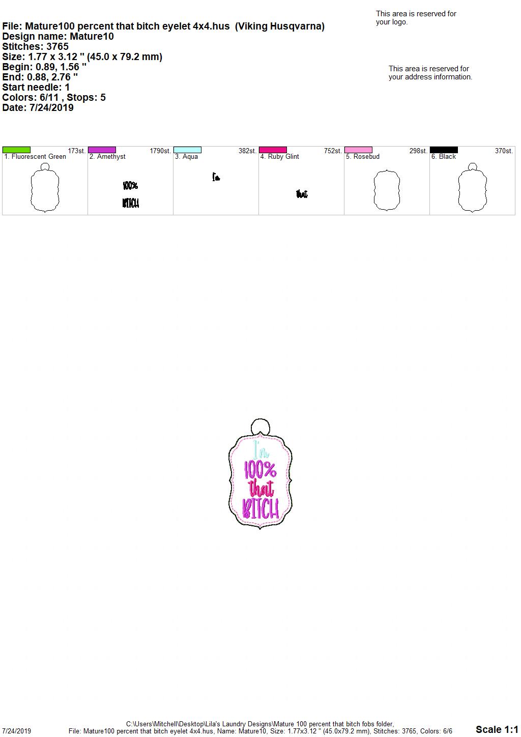 Mature 100 Percent Fobs -DIGITAL Embroidery DESIGN