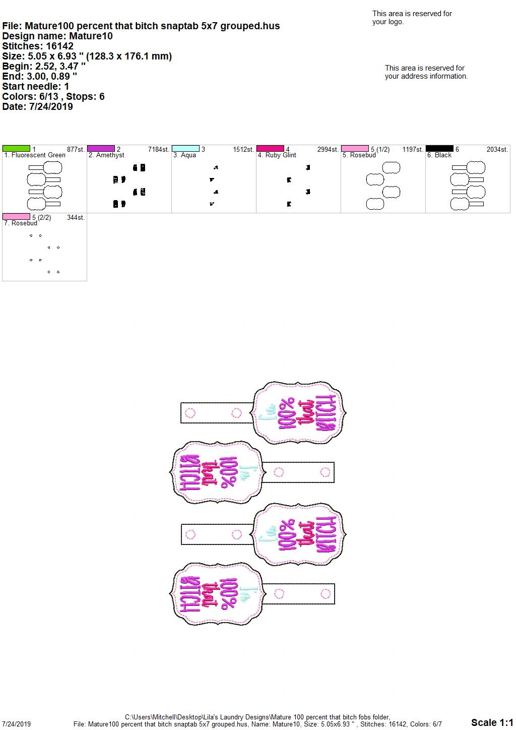 Mature 100 Percent Fobs -DIGITAL Embroidery DESIGN