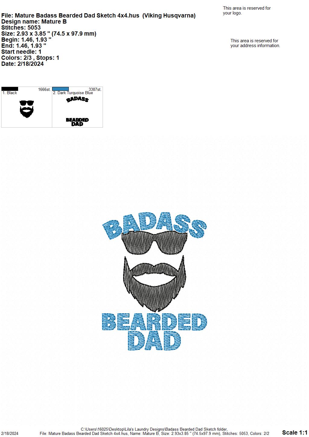 Badass Bearded Dad - 4 Sizes - Digital Embroidery Design