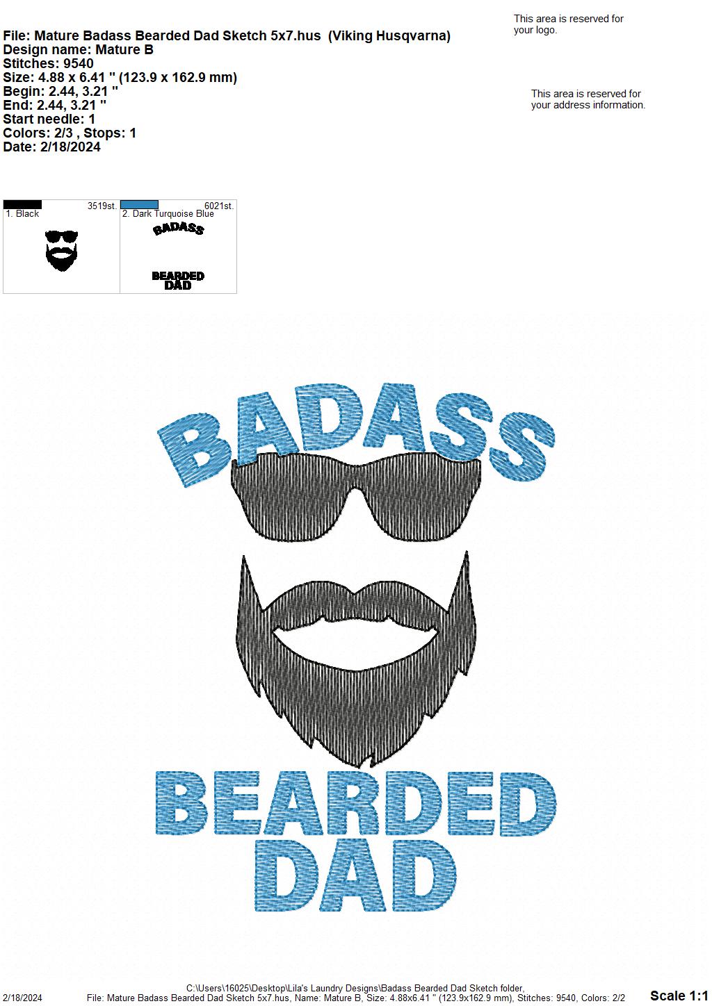 Badass Bearded Dad - 4 Sizes - Digital Embroidery Design
