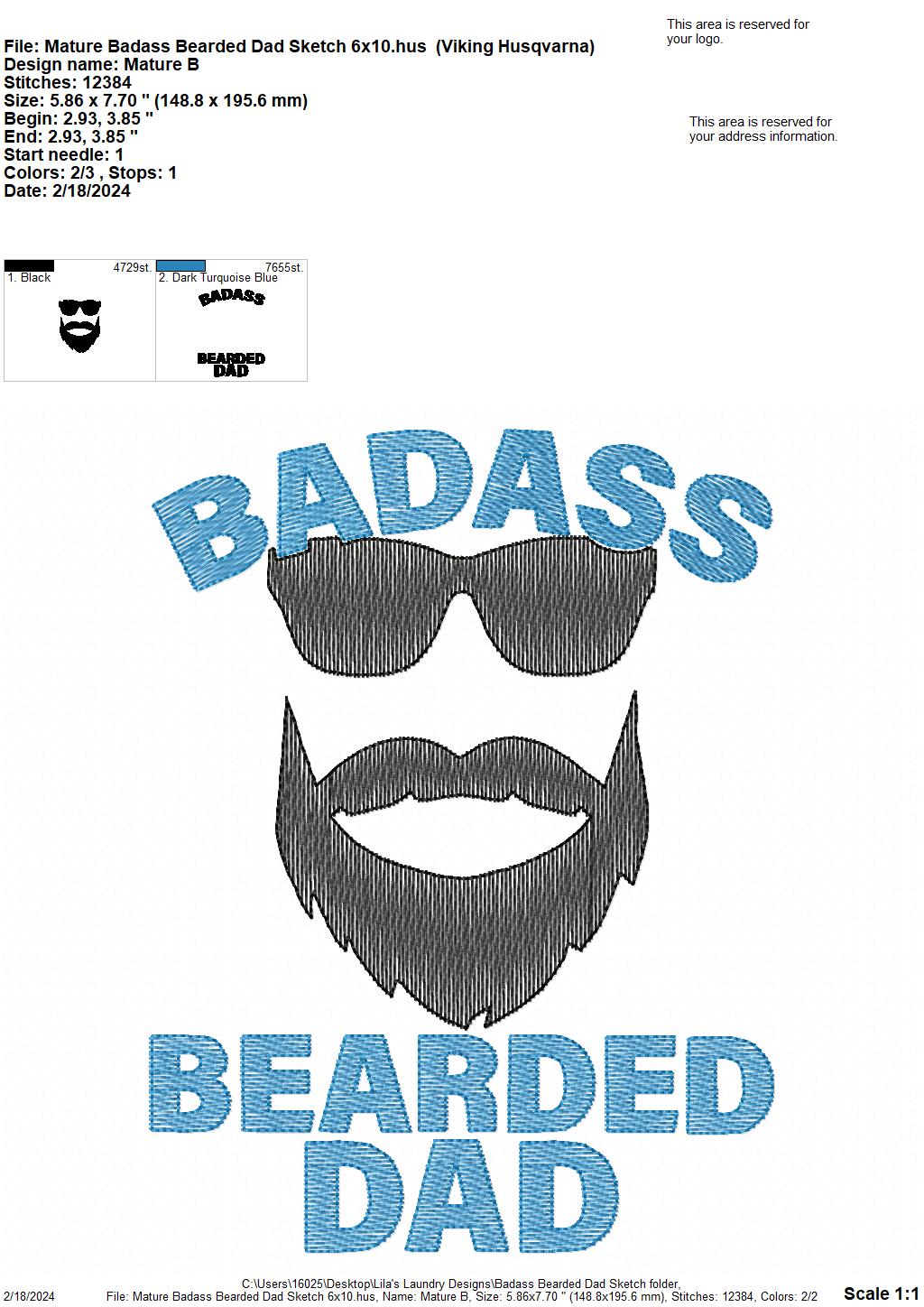 Badass Bearded Dad - 4 Sizes - Digital Embroidery Design