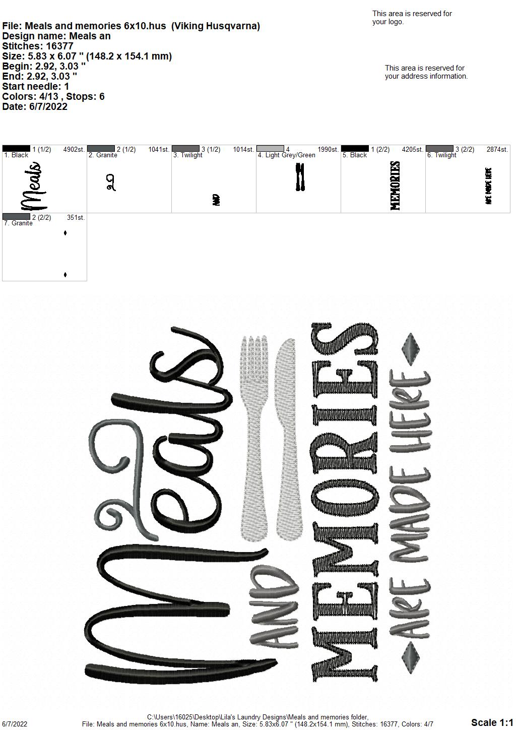 Meals and Memories - 4 sizes- Digital Embroidery Design