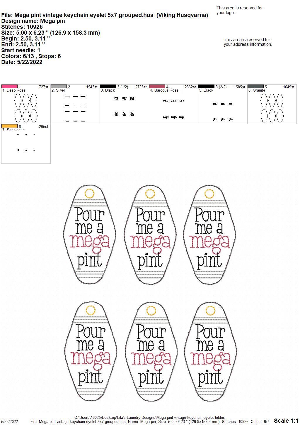 Mega Pint Vintage Keychain Eyelet - DIGITAL Embroidery DESIGN