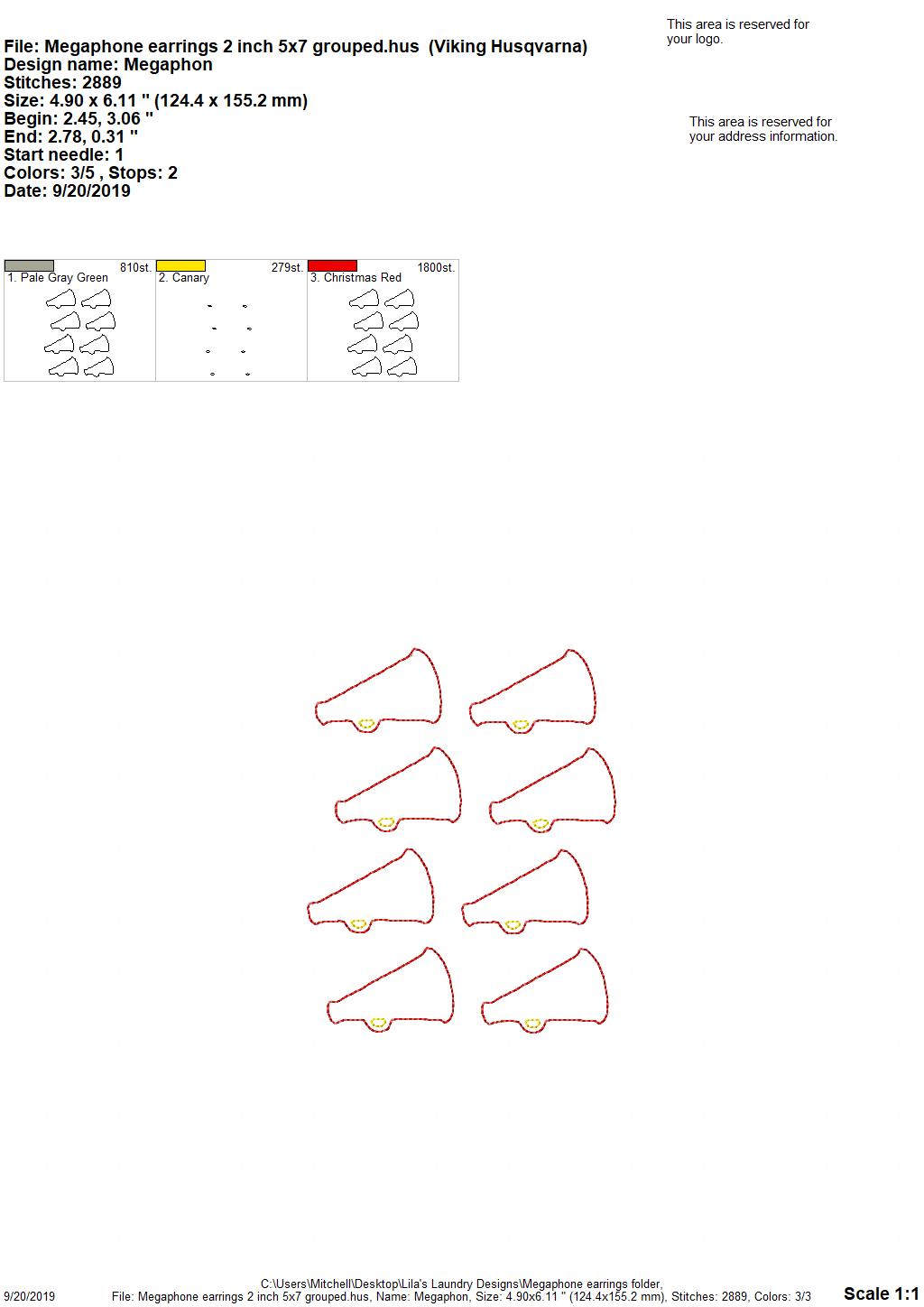 Megaphone Earrings - 3 sizes - Digital Embroidery Design