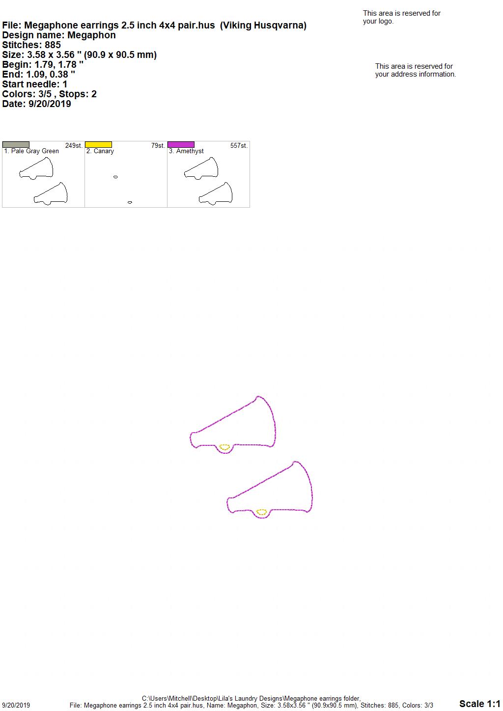 Megaphone Earrings - 3 sizes - Digital Embroidery Design