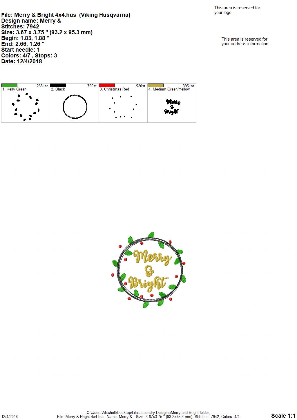 Merry & Bright 4x4 & 5x7 digital embroidery design