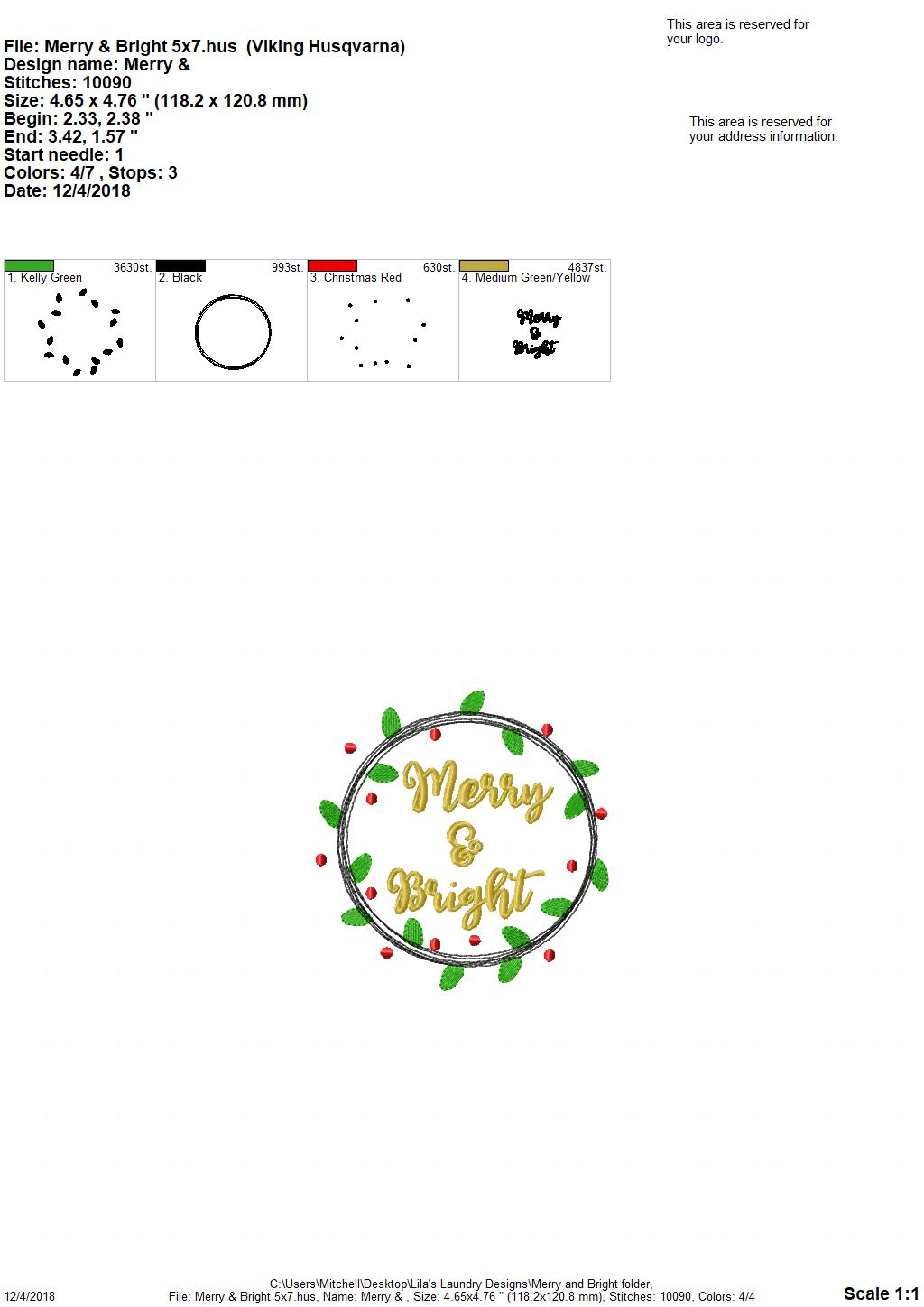 Merry & Bright 4x4 & 5x7 digital embroidery design