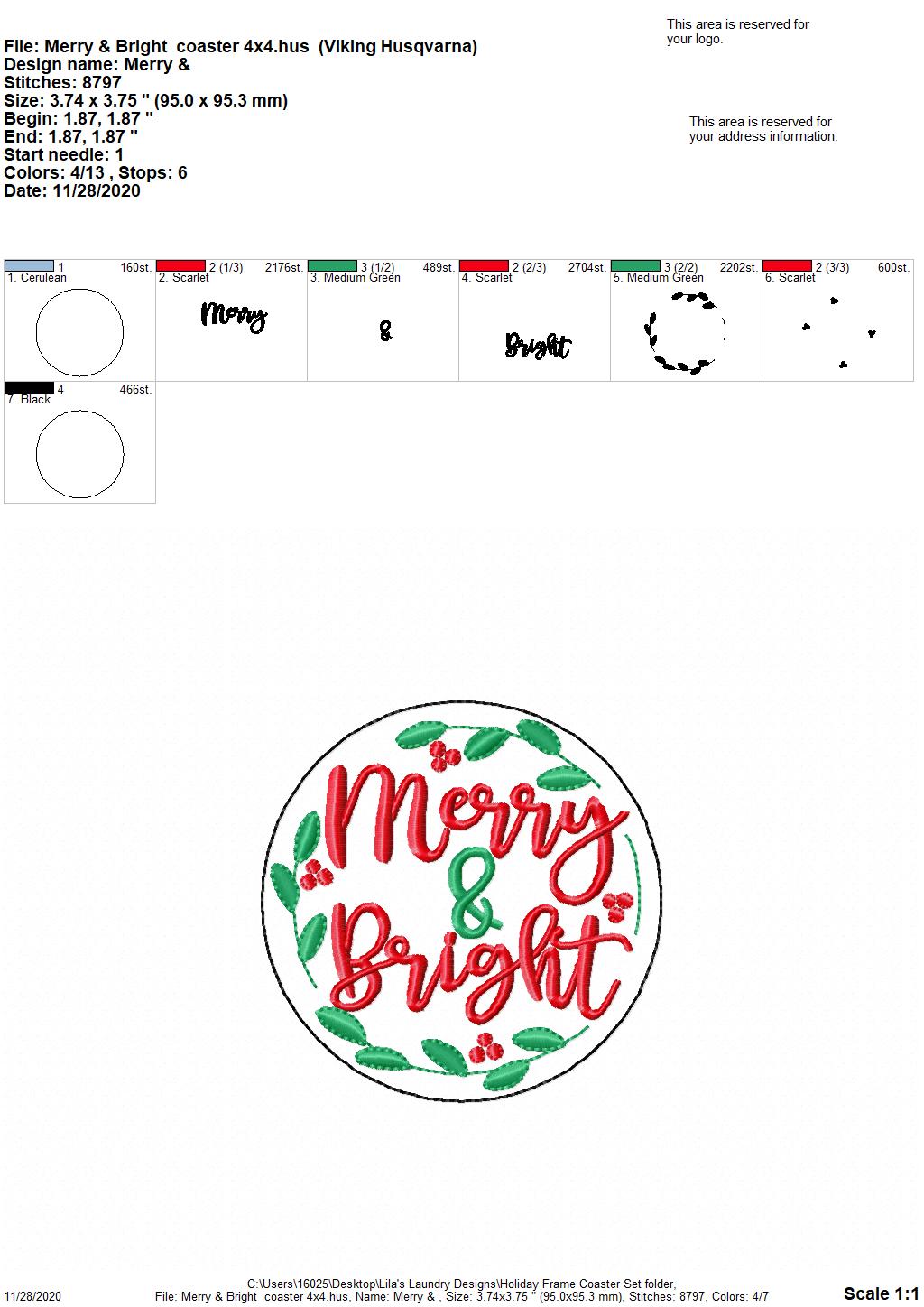 Holiday Frame Coaster Set 4x4 - DIGITAL Embroidery DESIGN