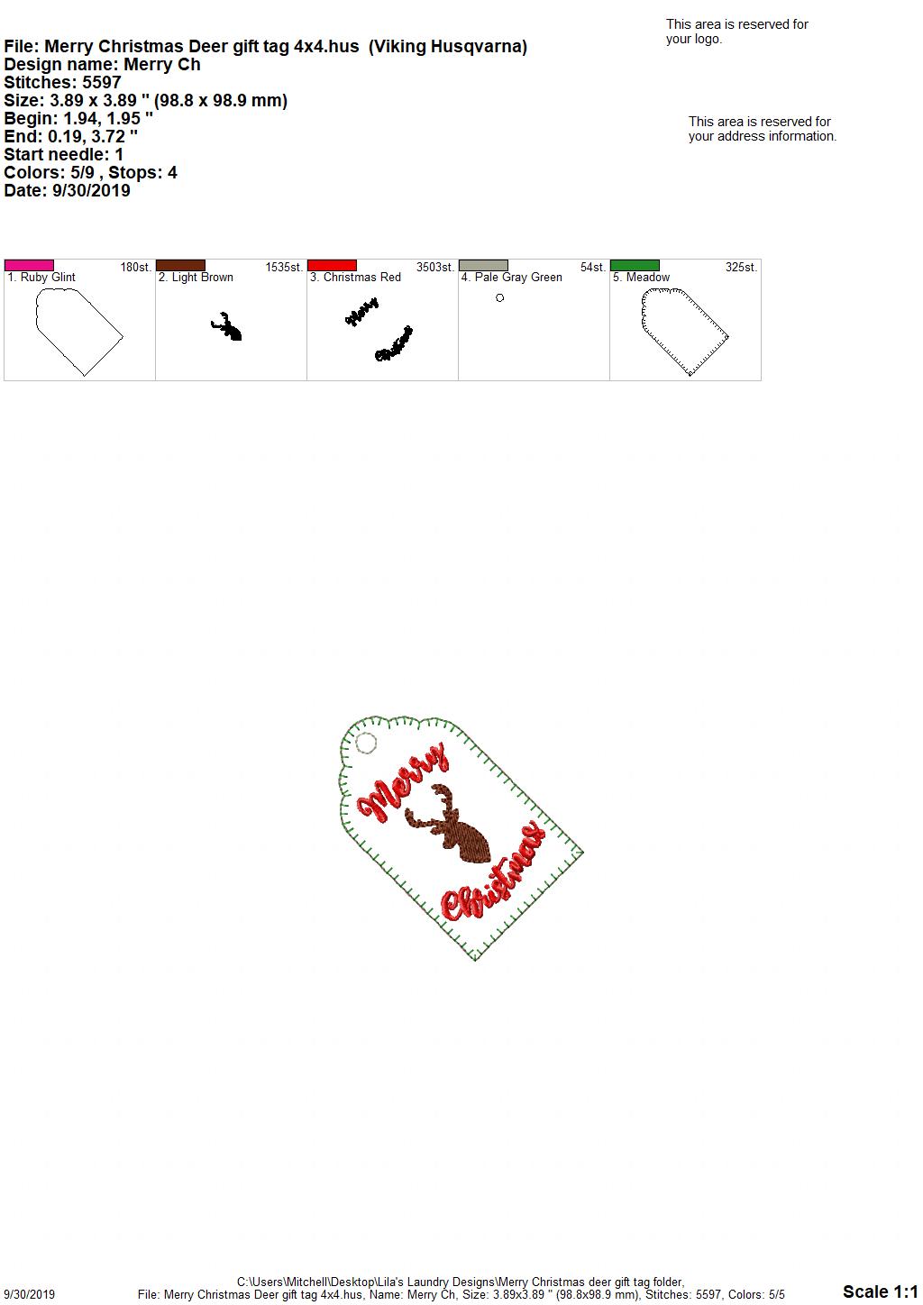 Merry Christmas Deer Gift Tag Feltie - Digital Embroidery Design