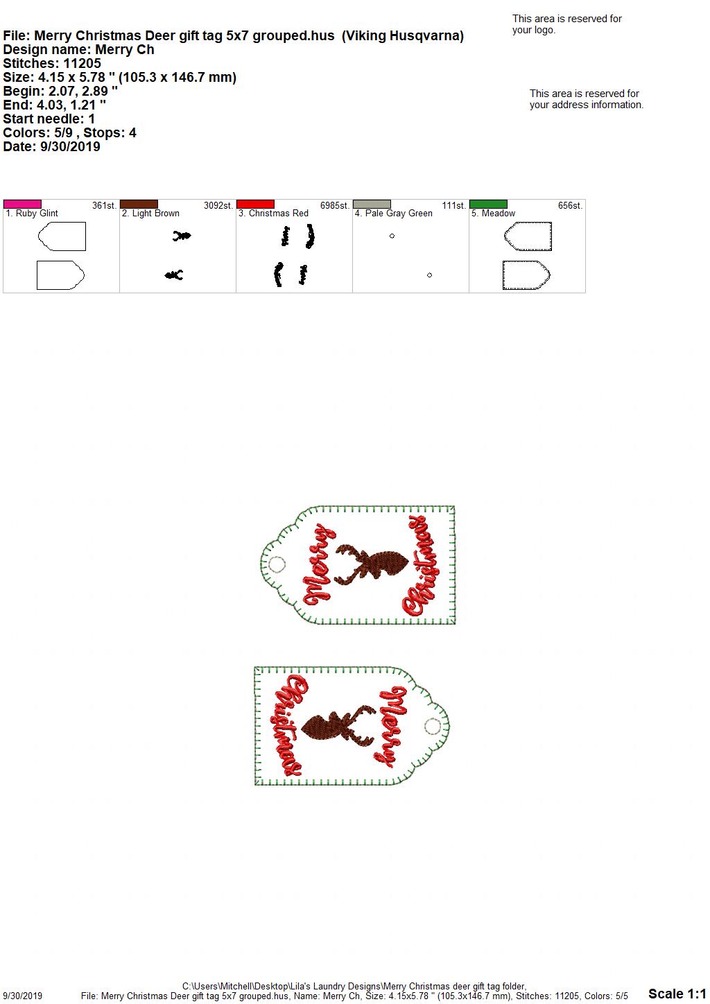 Merry Christmas Deer Gift Tag Feltie - Digital Embroidery Design
