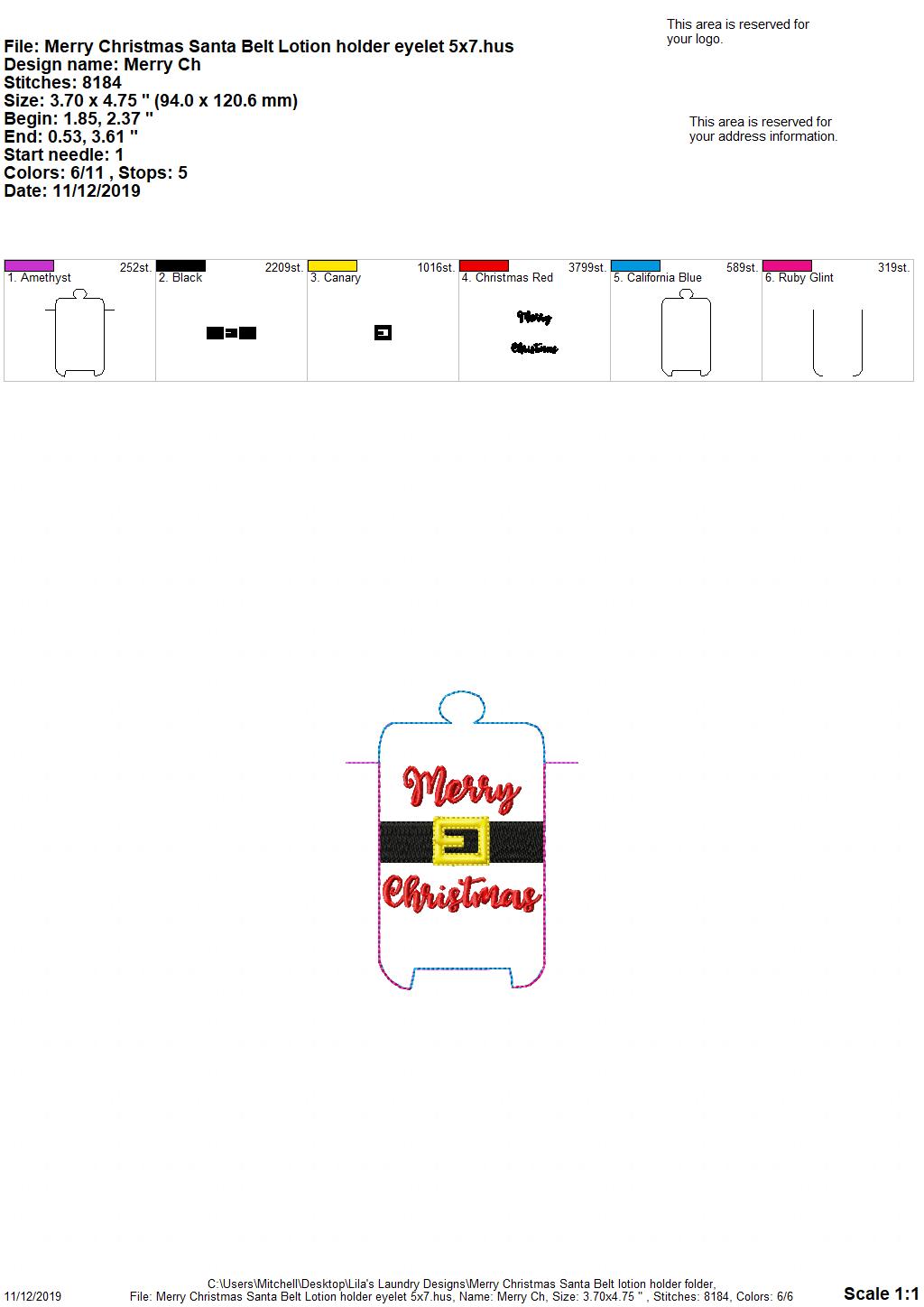 Merry Christmas Santa Belt Lotion Holder 5x7 included- DIGITAL Embroidery DESIGN