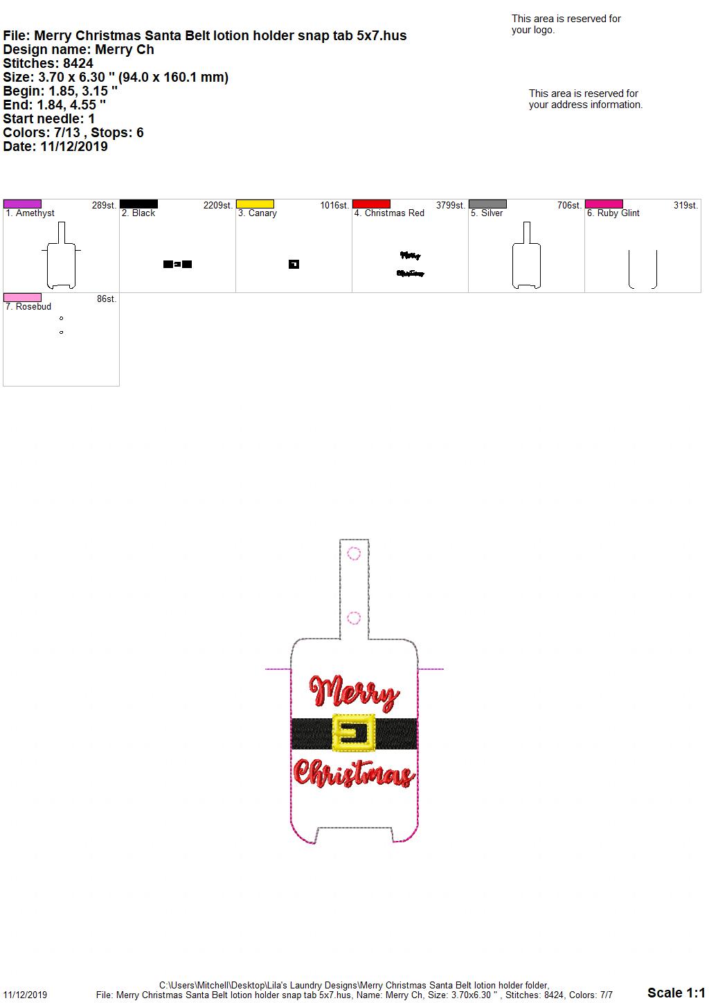 Merry Christmas Santa Belt Lotion Holder 5x7 included- DIGITAL Embroidery DESIGN