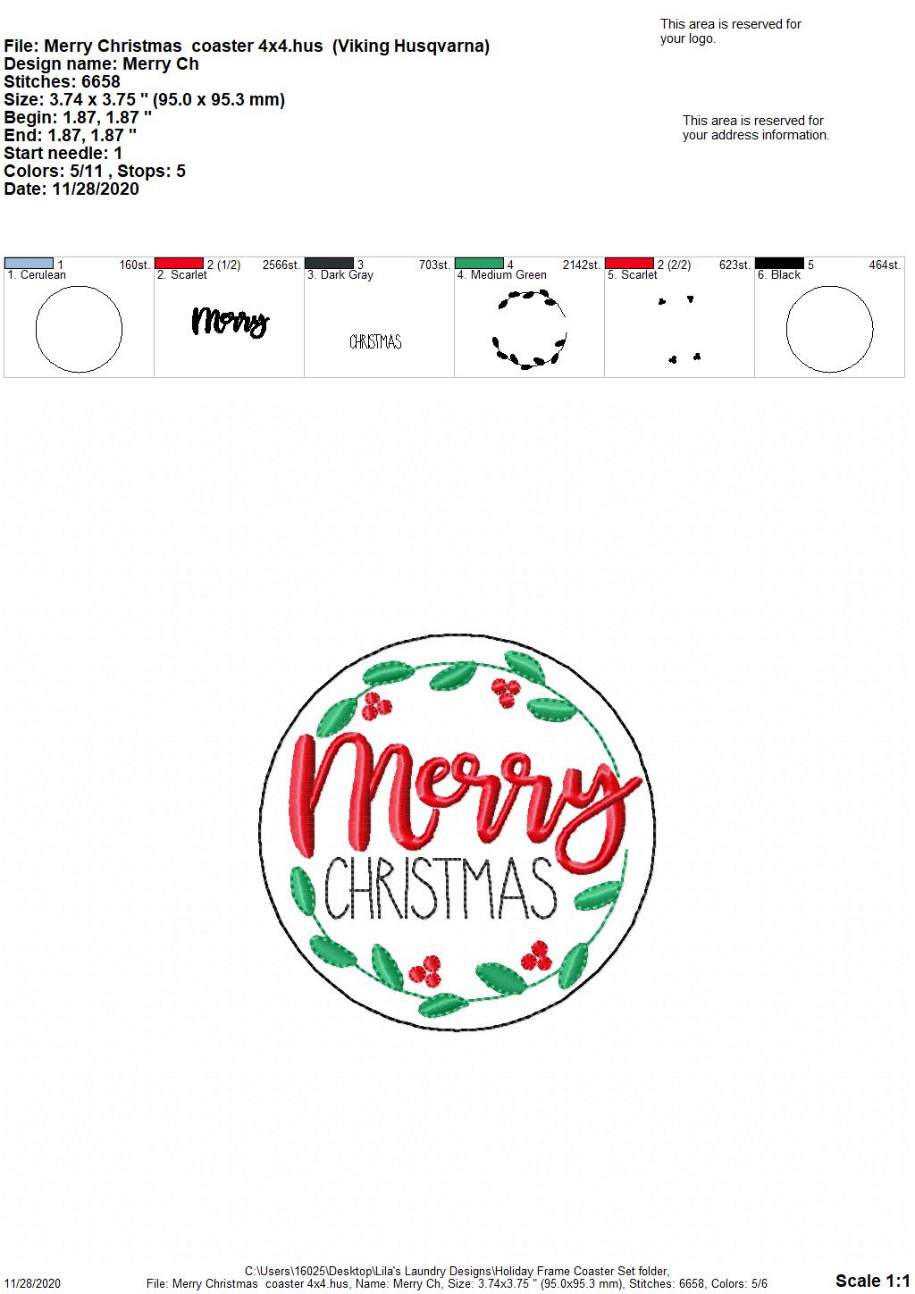 Holiday Frame Coaster Set 4x4 - DIGITAL Embroidery DESIGN