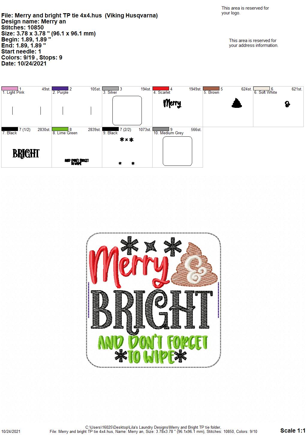 Merry & Bright - TP tie 4x4 - DIGITAL Embroidery DESIGN