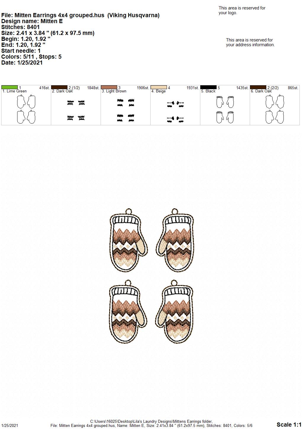 Mitten Earrings - 1 Size - Digital Embroidery Design