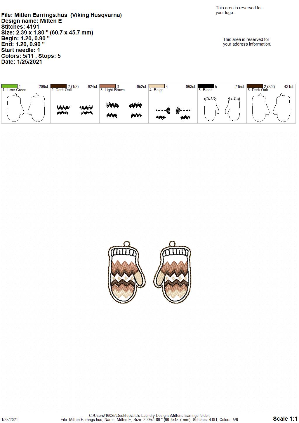 Mitten Earrings - 1 Size - Digital Embroidery Design