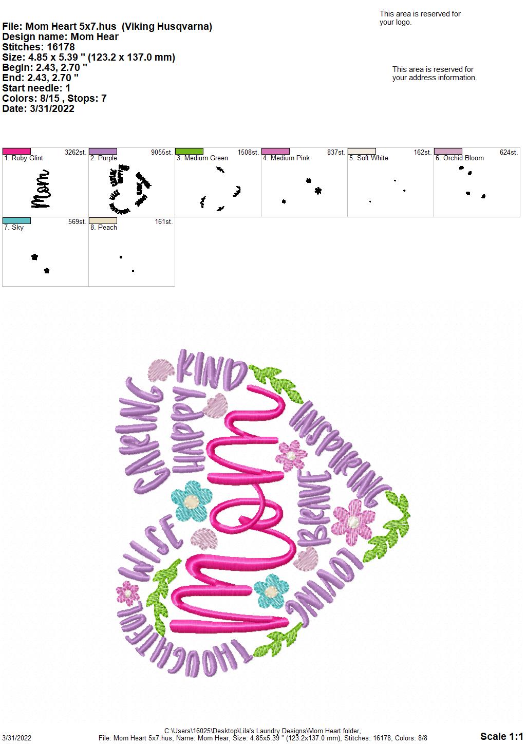 Mom Heart - 3 sizes- Digital Embroidery Design